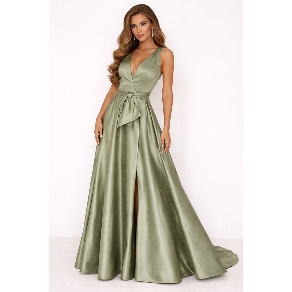 House of Jovelle Evening Gown Dress M-L Sage Lace Satin A Line Elegant NWT